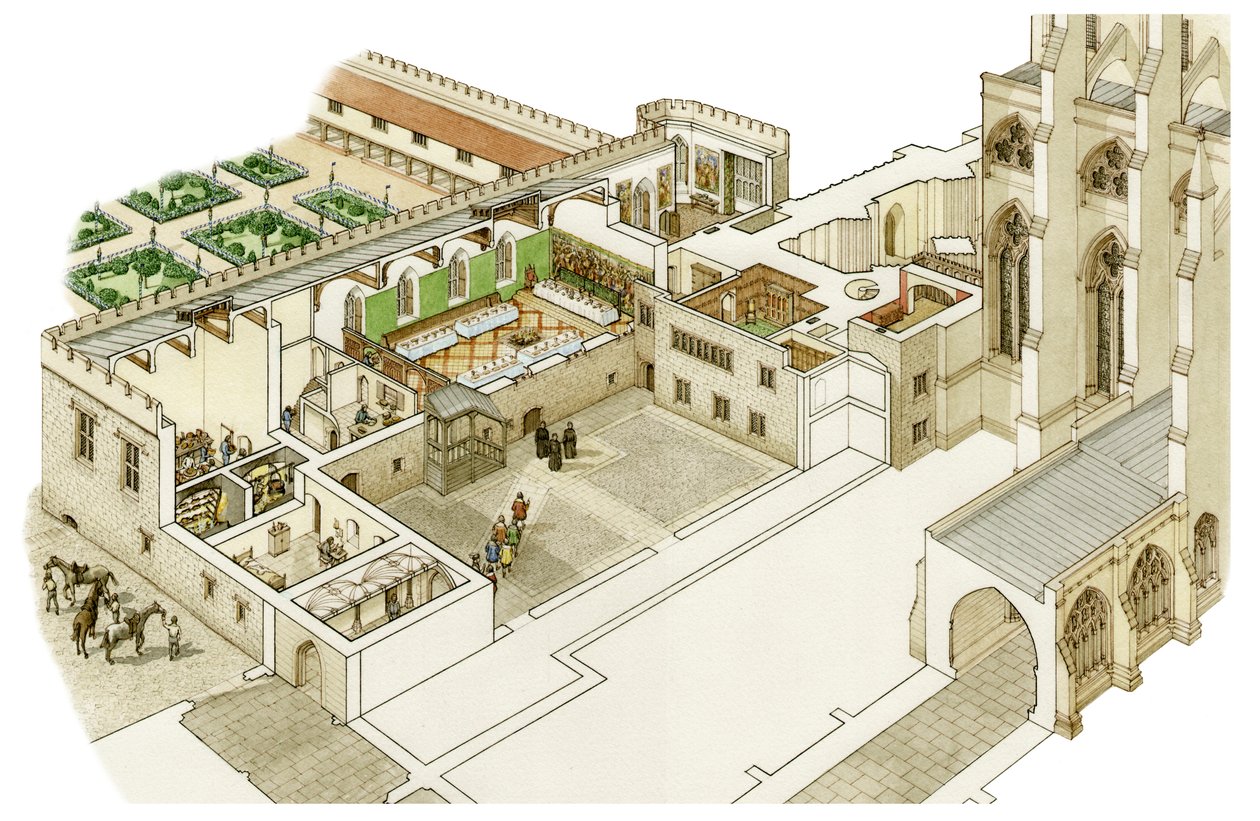 The Pre-Reformation Deanery of Westminster Abbey, ca. 1520-1535 (blæk og akvarel) af Stephen Conlin