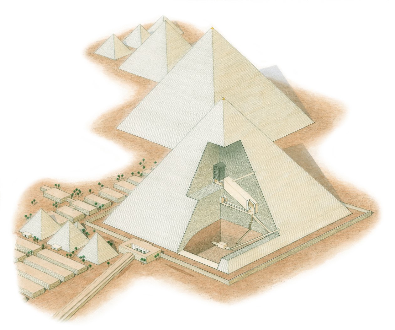 Pyramiderne ved Giza, Egypten, ca. 2560 f.Kr.-2200 f.Kr (blæk, airbrush, akvarel) af Stephen Conlin