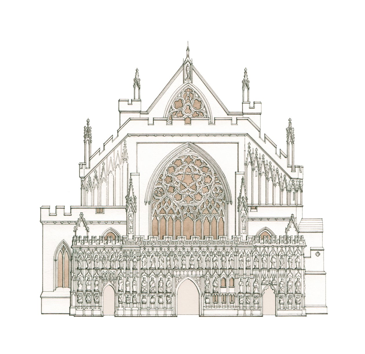 The West Front of Exeter Cathedral, Devon (tegnet 2002), ca. 1900-2023 (blæk og akvarel) af Stephen Conlin