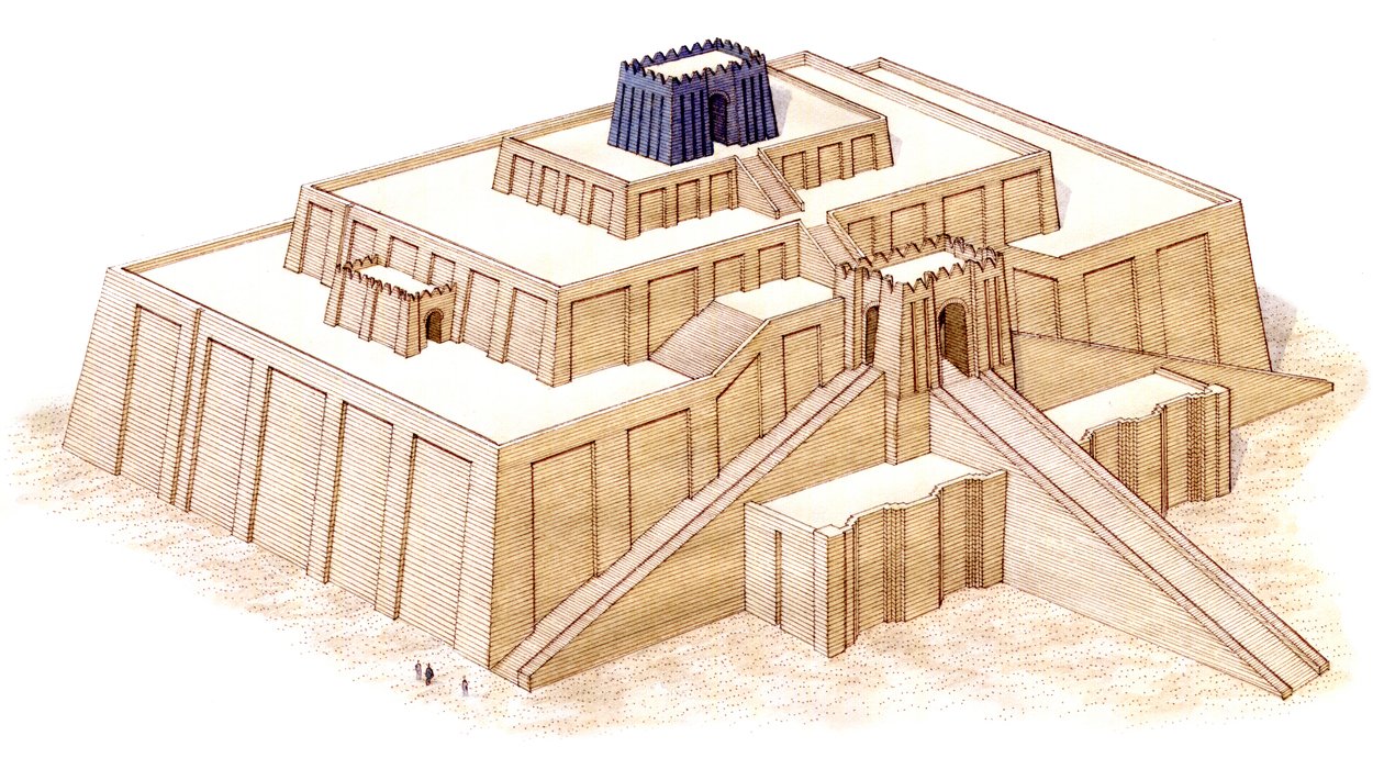 Ziggurat i Ur, formodet restaurering i det 6. århundrede f.Kr. (blæk og akvarel) af Stephen Conlin