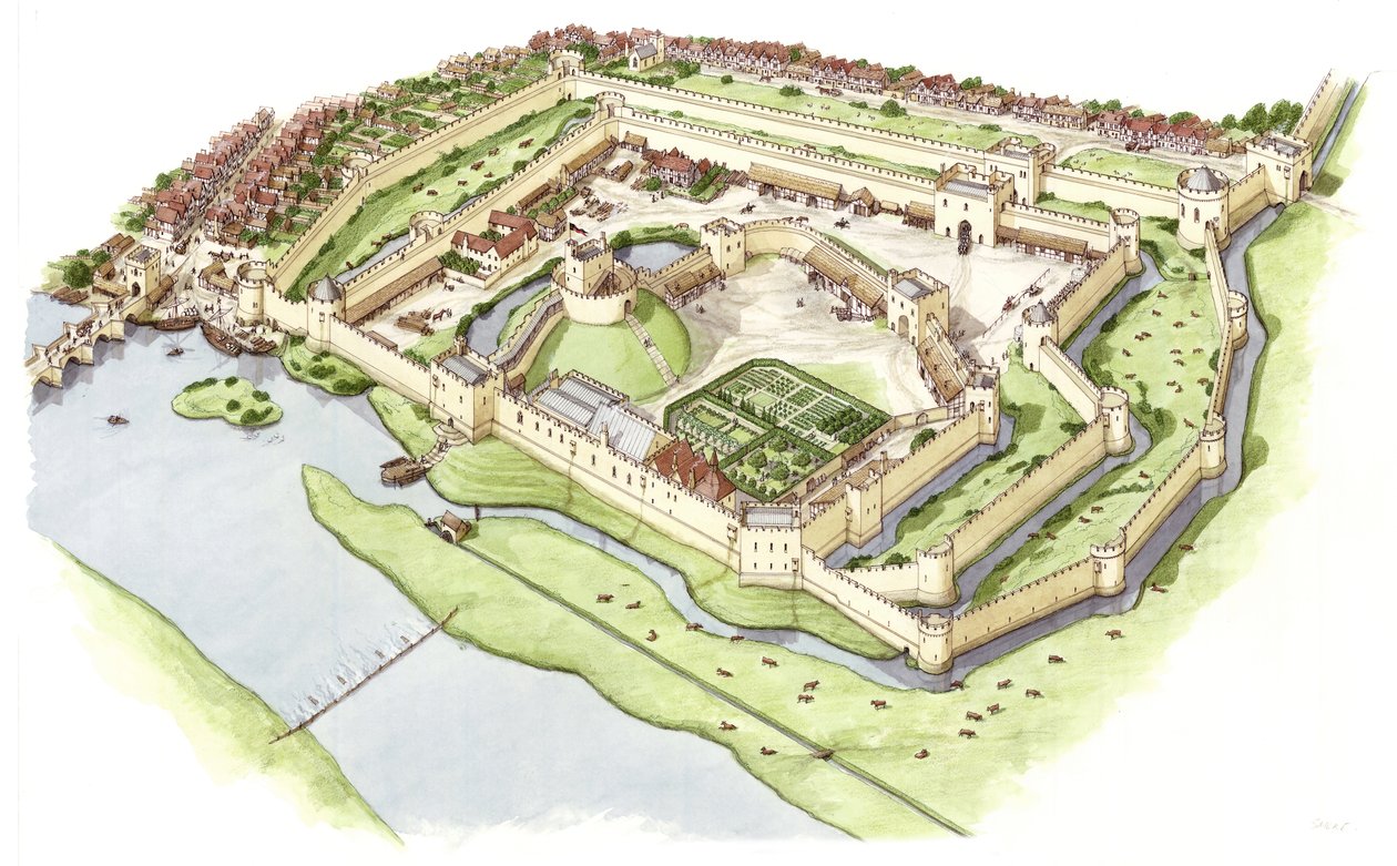 Wallingford Castle, Oxfordshire, ca. 1300-1399 (blæk og akvarel) af Stephen Conlin