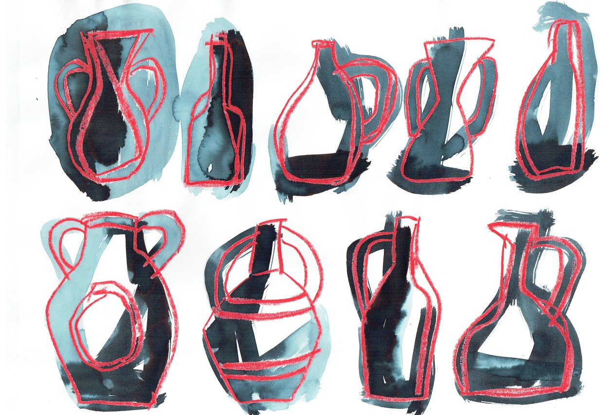 Nine Vessels, 2016 (oliepastel og tekstilfarve på papir) af Stephen Dow