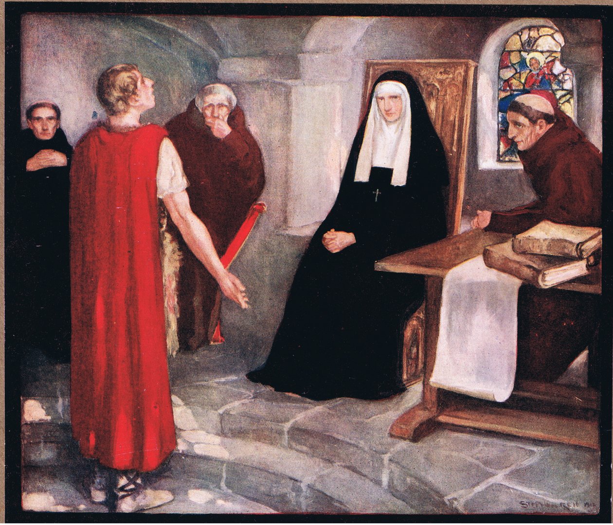 Caedmon før Saint Hilda (farve litho) af Stephen Reid