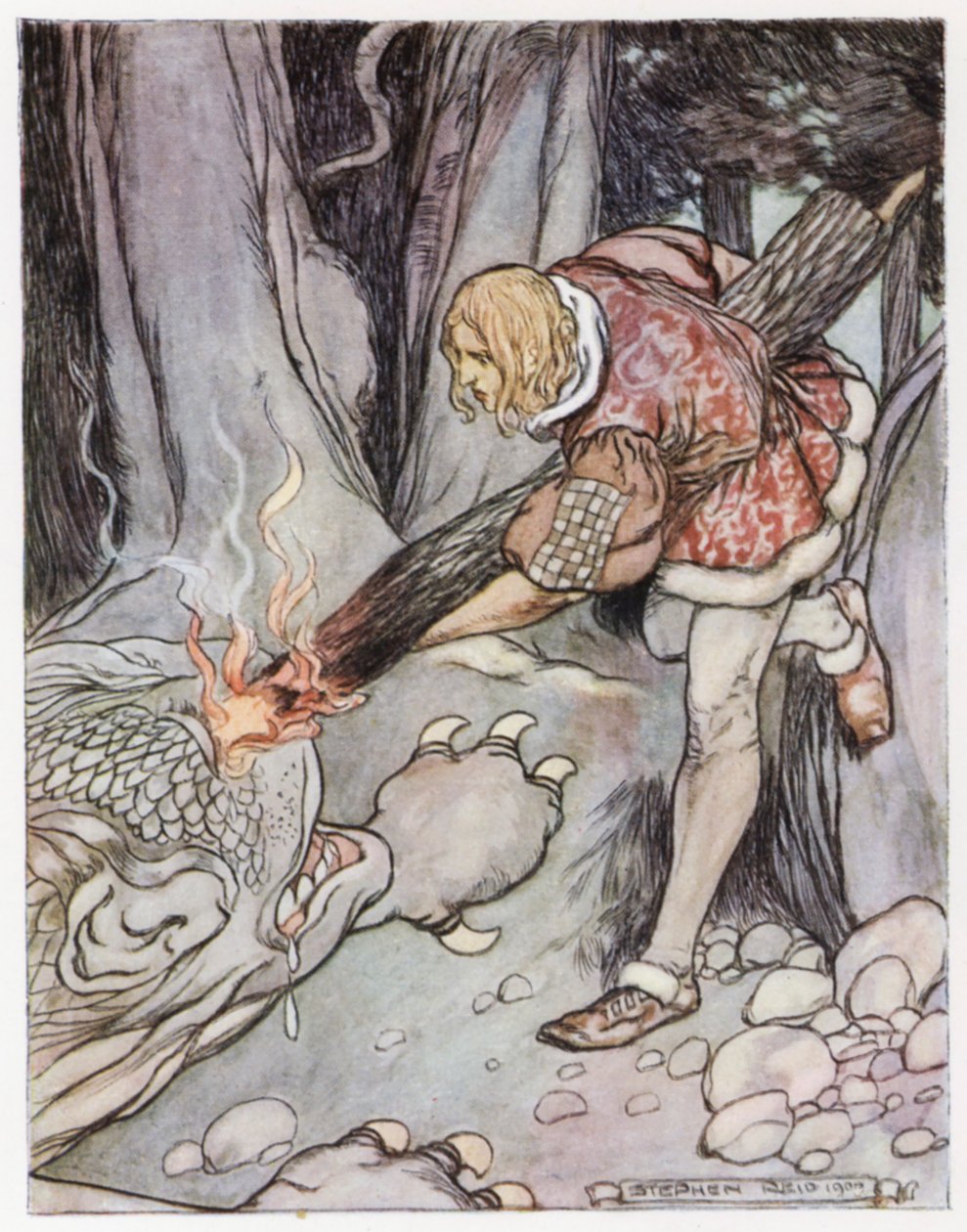 Illustration til Siegfried the Dragon-Slayer (farve litho) af Stephen Reid