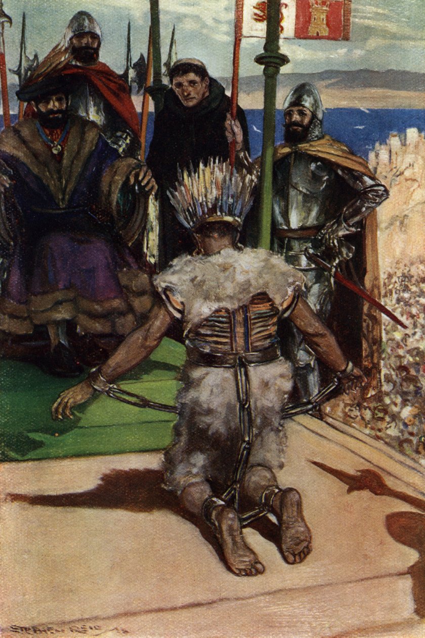 Montezuma II taget til fange af Hernan Cortes i 1519 af Stephen Reid