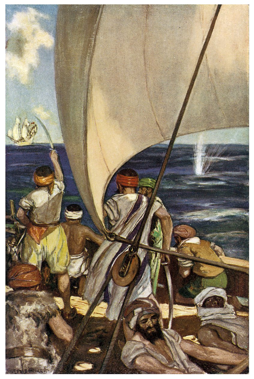 Repræsentation af Barbaresque Pirates in the Mediterranee Sea Illustration af Stephen Reid (1873-1948) i Henry Gilberts 