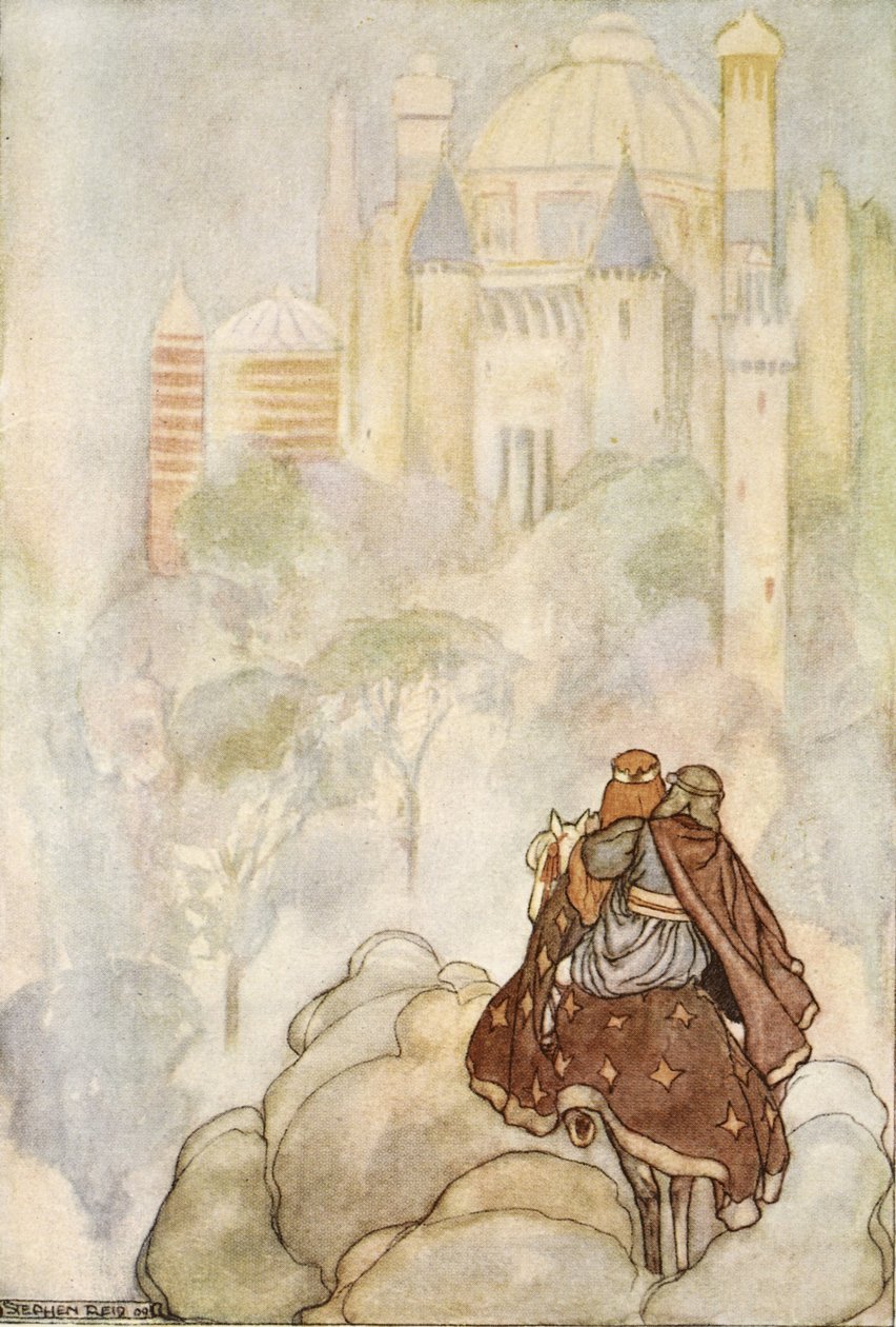 De red op til et stateligt palads, illustration fra 