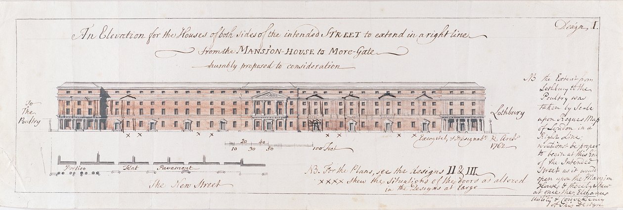 Design for husene på begge sider af den planlagte gade, der skal strække sig i en ret linje fra Mansion-House til More-Gate, ydmygt foreslået til overvejelse, 1762 (wc over pen & grafit på bundet papir) af Stephen Riou
