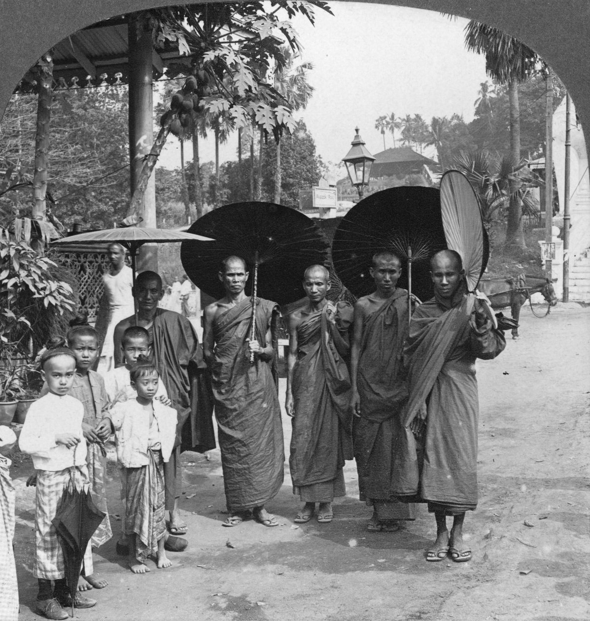 Buddhistiske munke med solskærme og vifter, Rangoon, Burma, 1908 af Stereo Travel Co