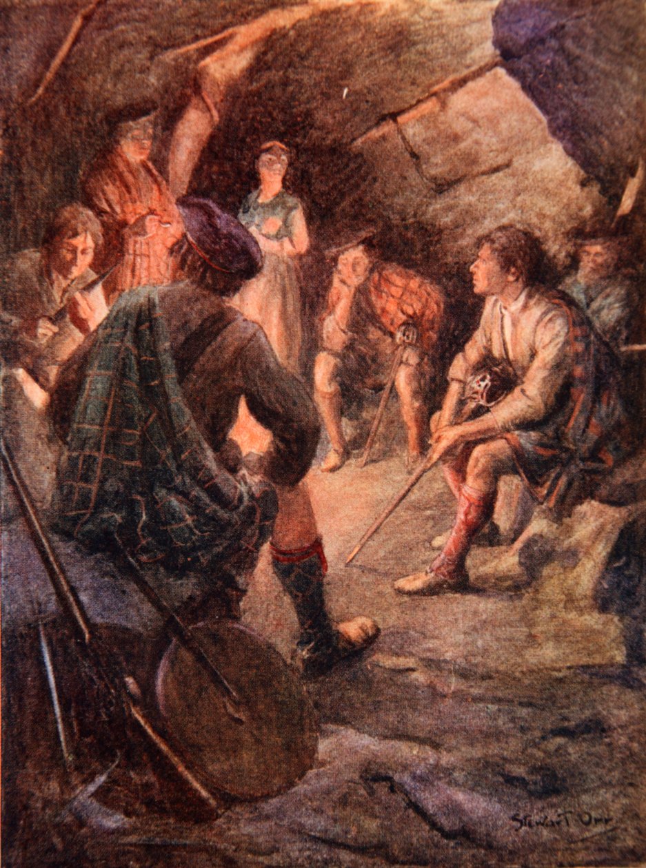 Bevæbnede højlændere sidder omkring bålet og lægger planer for Bonnie Prince Charlie af Stewart Orr