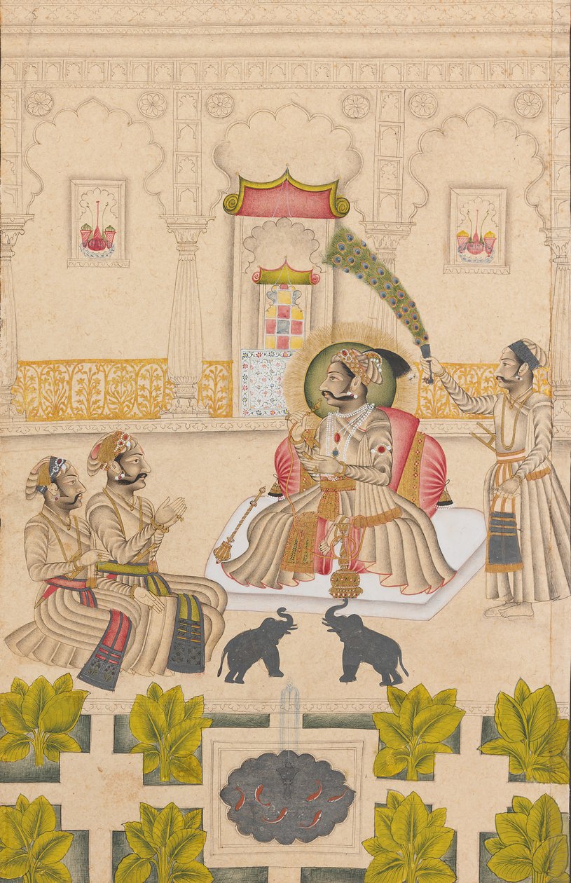 Maharana Amar Singh II vises to sølvelefanter, ca. 1705. af Stipple Master