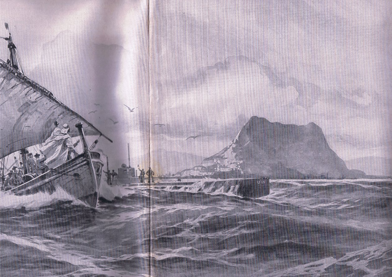 Tysk ubåd, der rejser gennem Gibralter-strædet på vej til Dardenellerne, fra pubben The Illustrated History of the World War 1914-1915. af Union Berlagsefellfchaft af Willy Stoewer 