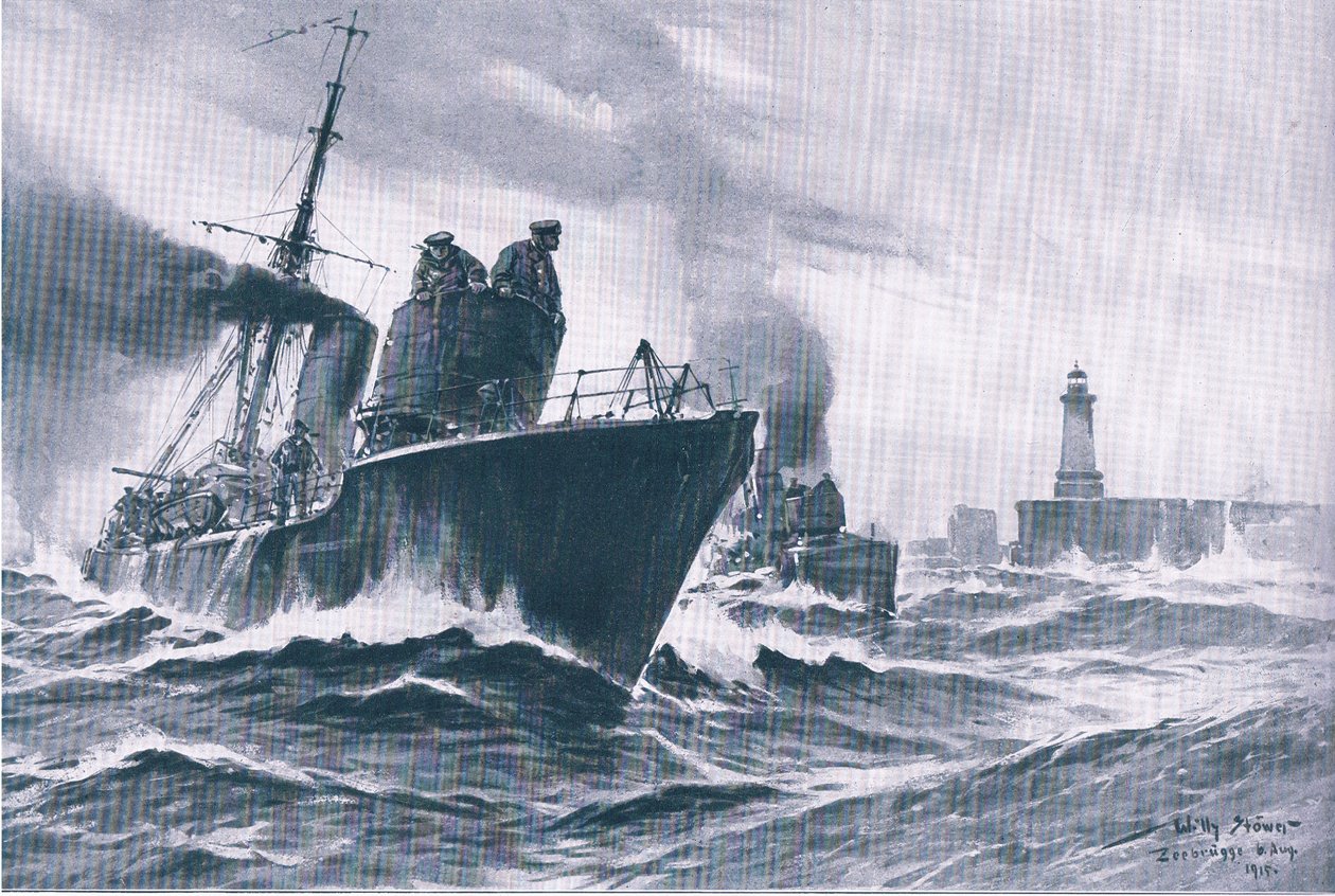 Patruljebåde og minestrygere, der sejler ud af havnen i Zeebrugge, fra pubben The Illustrated History of the World War 1914-1915. af Union Berlagsefellfchaft af Willy Stoewer 
