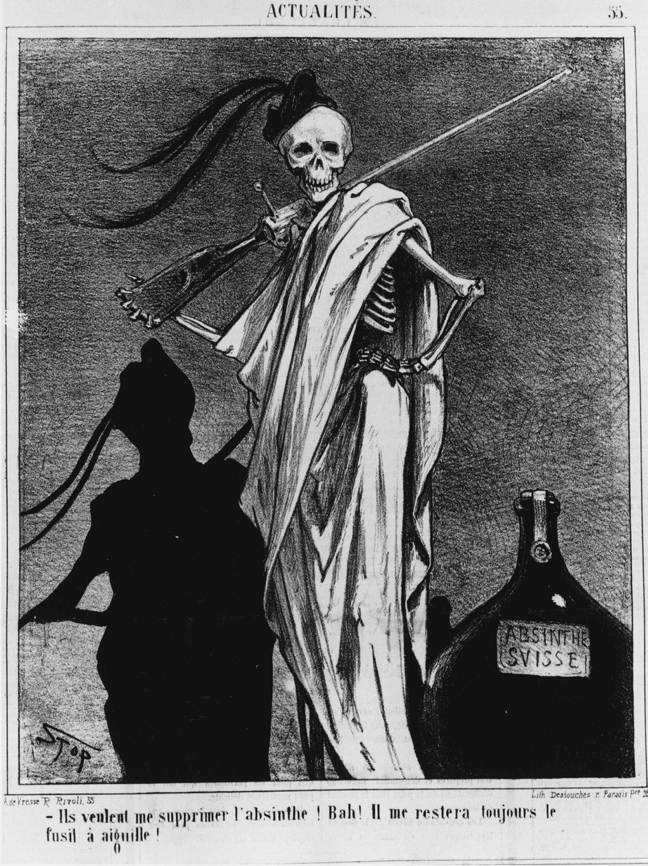 Alkoholisme i det 19. århundrede siger døden: "De vil fjerne absint fra mig! Bah! Jeg vil altid have nåleriflen tilbage!” - tegning af Stop i “” Charivari”” fra 12/04/1867 af Stop