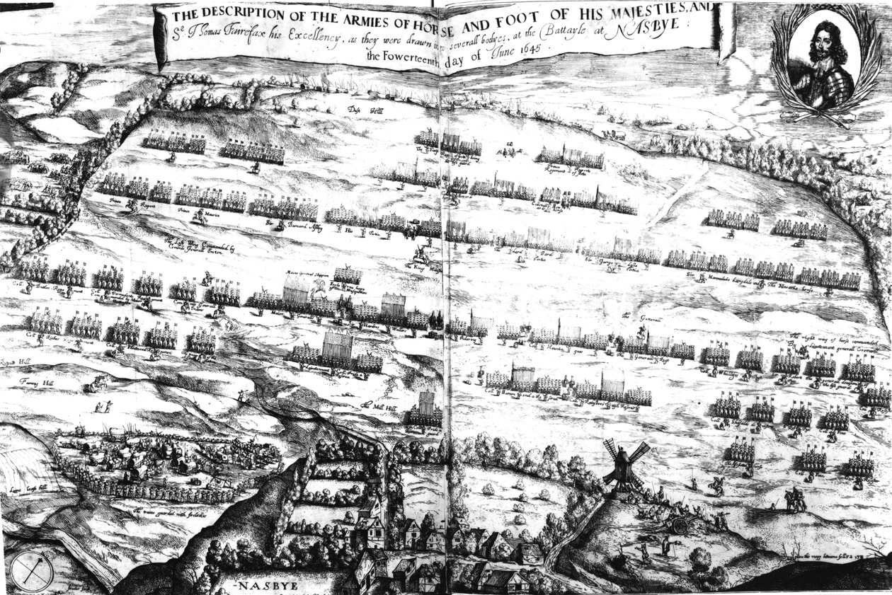 Beskrivelse af Hans Majestæts heste- og fodhære i slaget ved Naseby den 14. juni 1645, første gang offentliggjort i "Anglia Rediviva" af Joshua Sprigge i 1647 af Streeter
