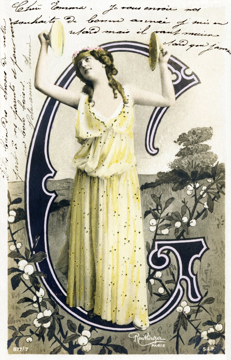 G: Louise Myriel, skuespillere og sangerinde fra Belle Epoque - Folies Bergere, Gymnase, Gaite, Paris - Alfabet på postkort af Studio Reutlinger