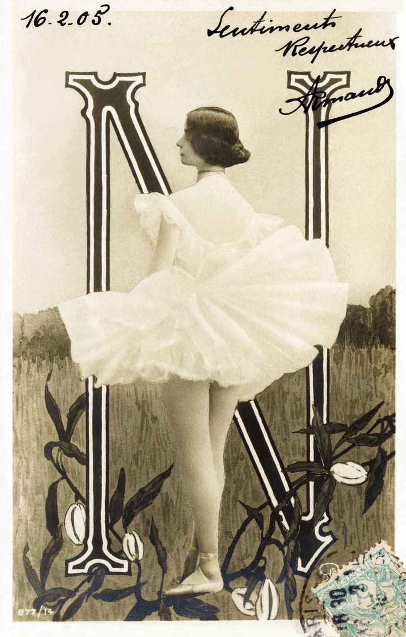 N : Cleopatre Diane de Merode, kaldet Cleo de Merode , danser fra la Belle Epoque, uddannet ved Opera de Paris - Theatre des Folies Bergere , Paris - Alfabet på postkort af Studio Reutlinger