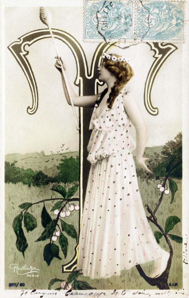 T: Louise Myriel, skuespillerinde og sangerinde fra Belle Epoque - Folies Bergere, theatres du Gymnase, de la Gaite, Paris - Alfabet på postkort af Studio Reutlinger