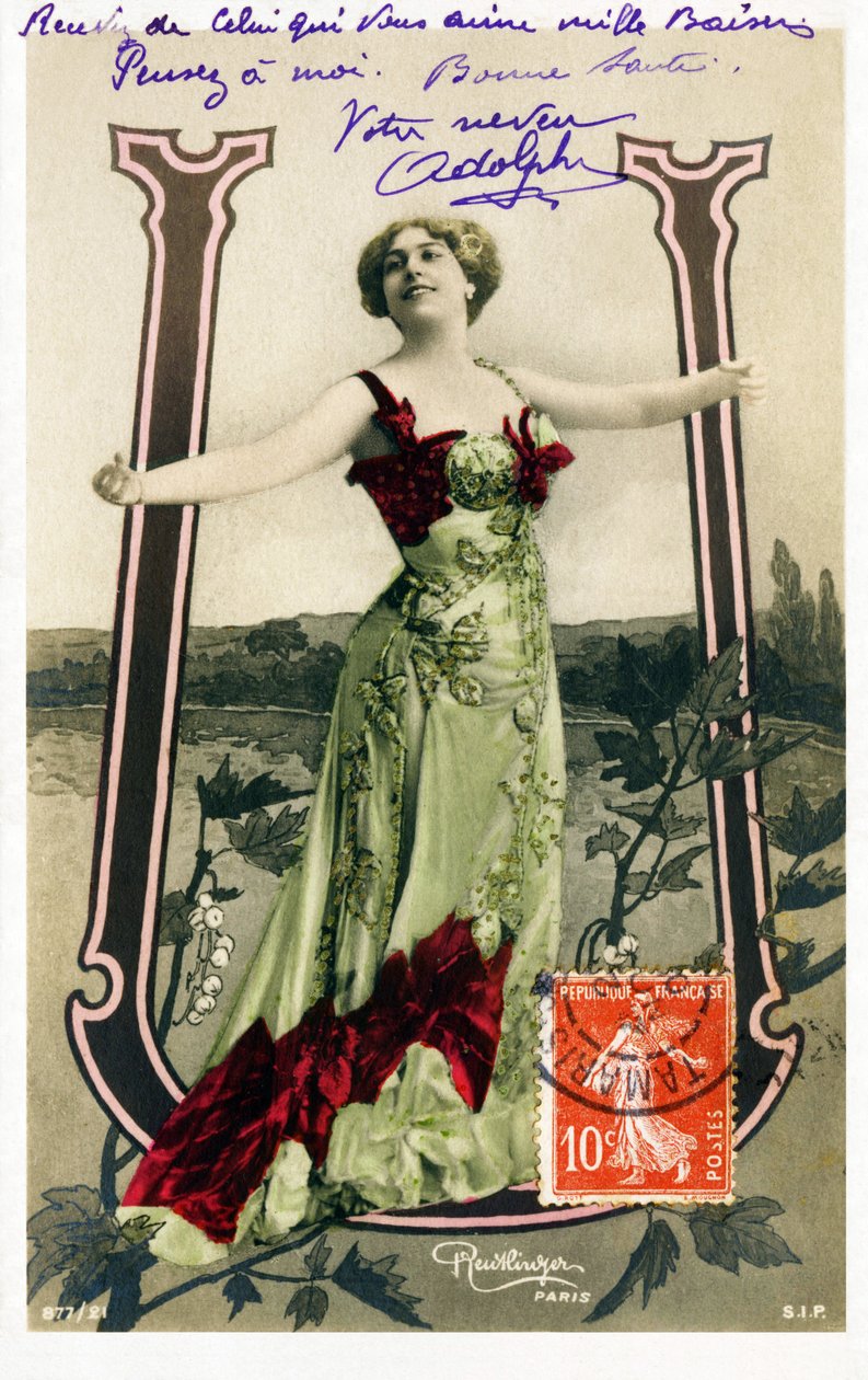 U : Olive Haygate, engelsk skuespillerinde fra la Belle Epoque - Alfabet på postkort af Studio Reutlinger