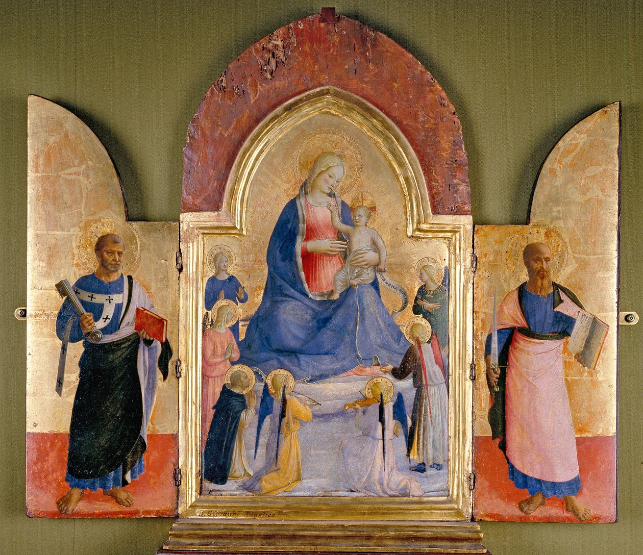 Jomfru og barn med engle og den dominikanske hellig, St. Peter til venstre, St. Paul til højre, 1400-tallet af Studio of Fra Angelico
