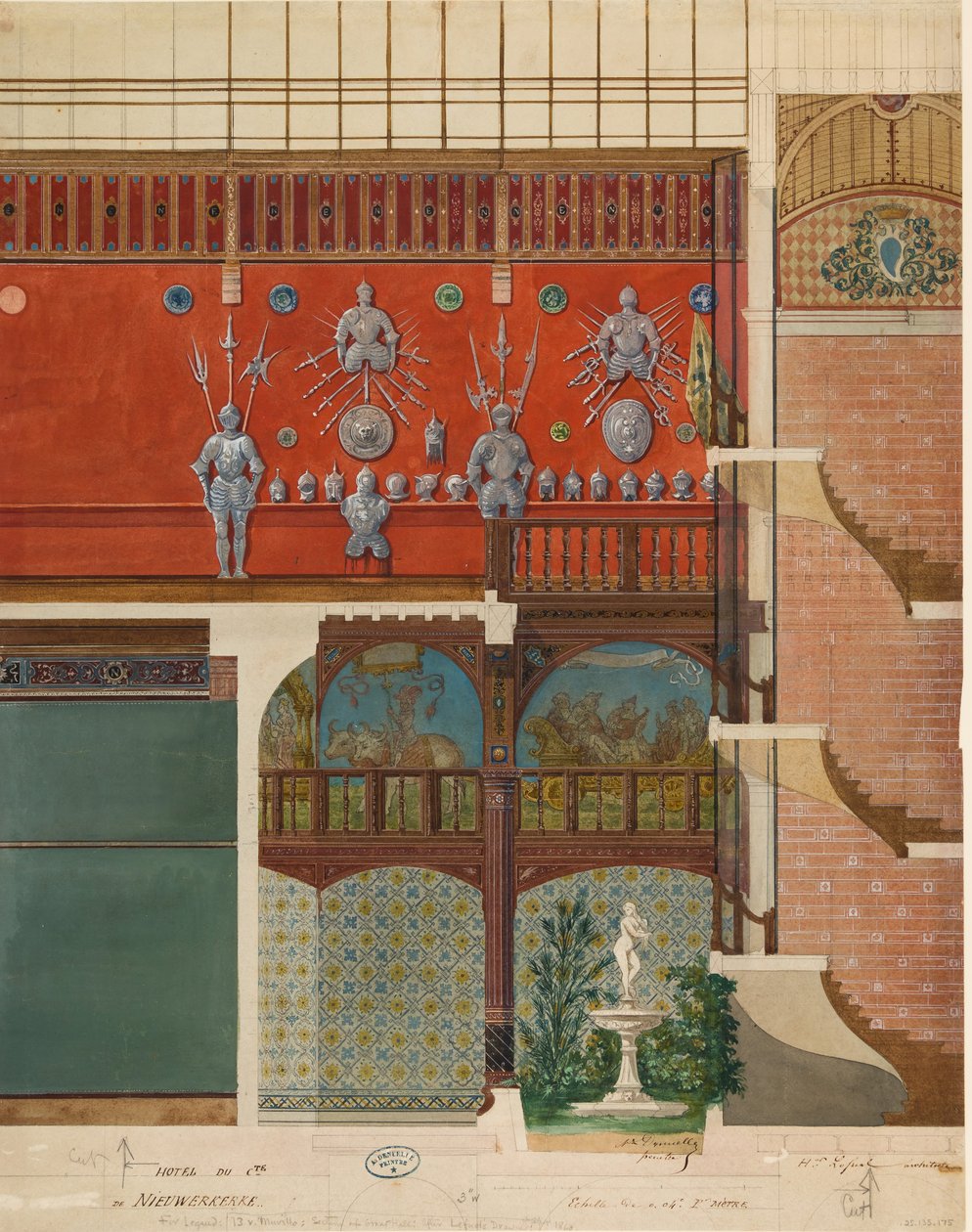 Arkitektonisk tegning af det indre af Comte de Nieuwerkerke-huset, ca. 1870. af Studio of Hector Martin Lefuel.