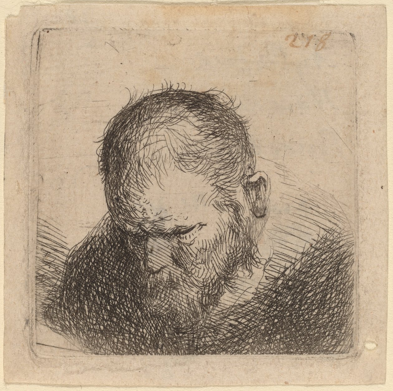 Skægget mand kigger ned af Studio of Rembrandt van Rijn