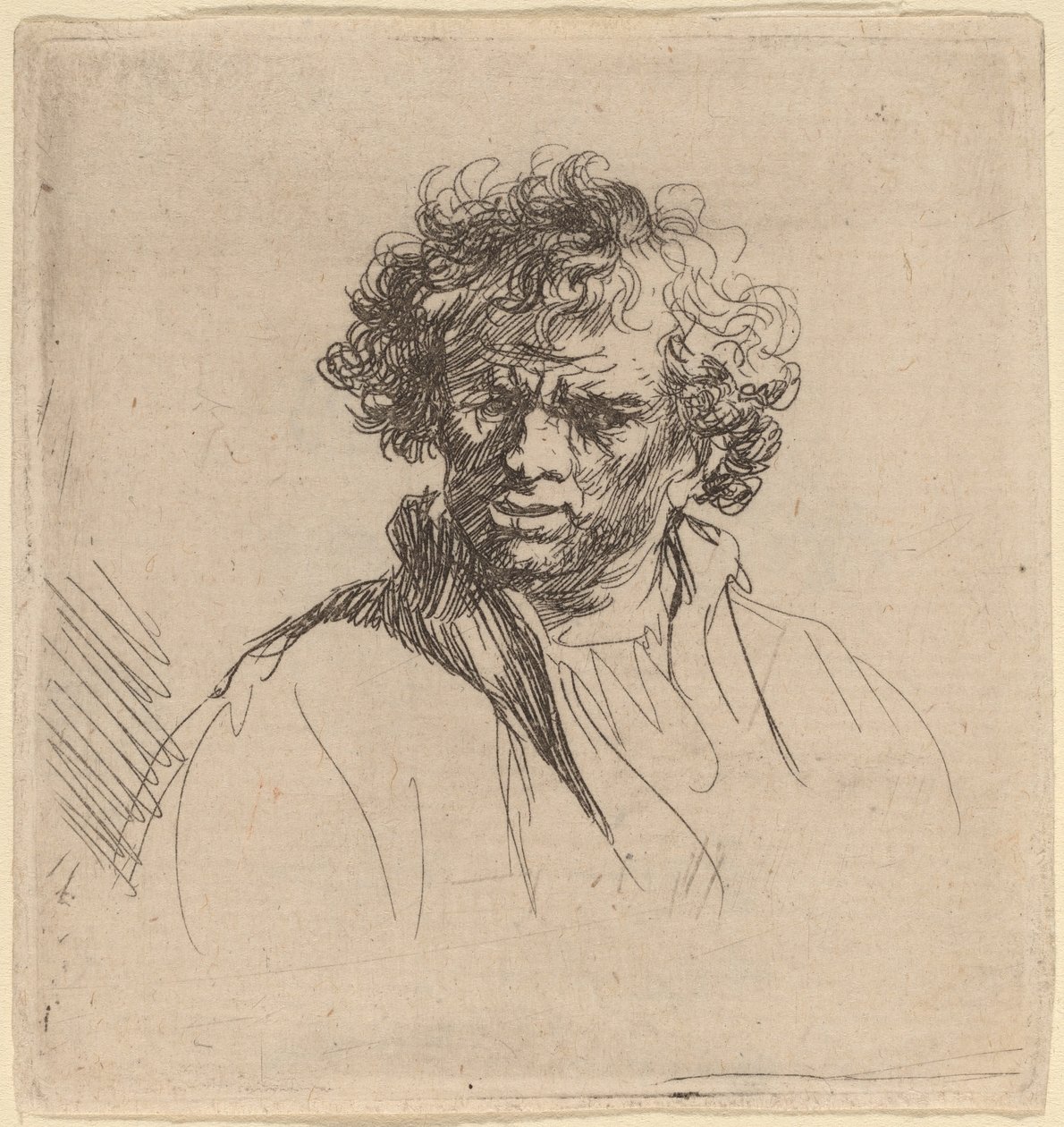 Mand med krøllet hoved med skæv mund af Studio of Rembrandt van Rijn