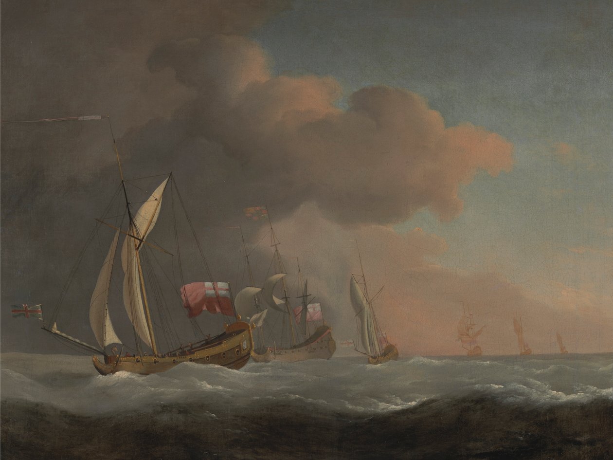 Engelske kongelige yachts til søs i en stærk brise, i selskab med et skib, der flyver den kongelige standard af Studio of Willem van de Velde the Younger