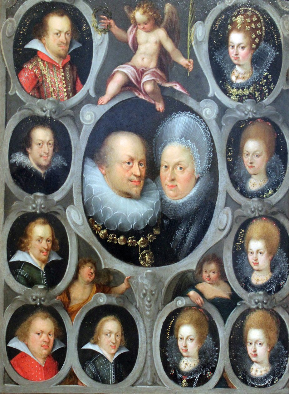 Hertug Friedrich I (1557-1608) (r. 1593-1608) og hertuginde Sibylla von Württemberg med ti af deres børn af Stuttgarter Hofmaler