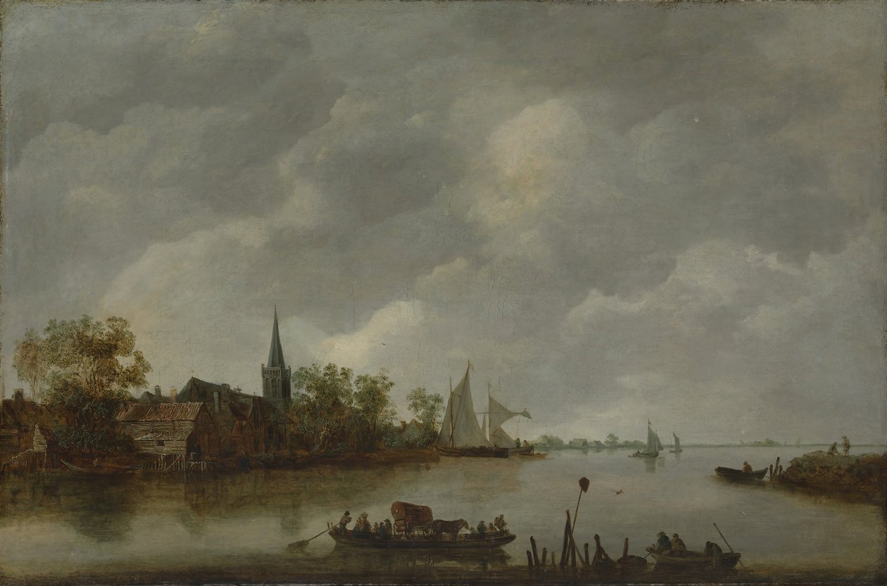 Flodudsigt med en landsbykirke. af Style of Jan van Goyen