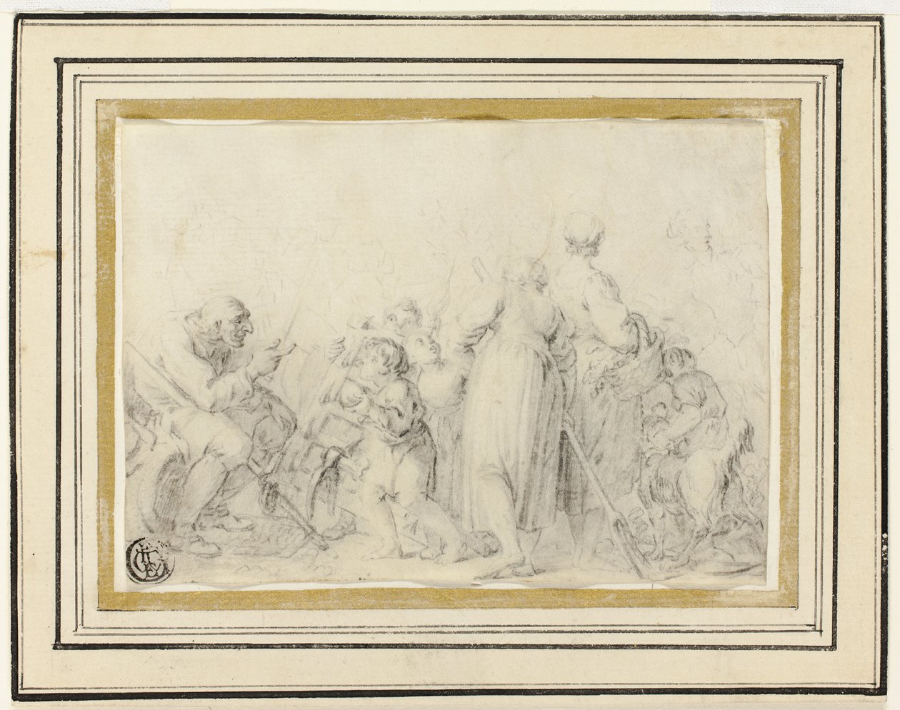 Genrescene med gammel mand, bondekvinder og børn af Style of Jean Baptiste Greuze