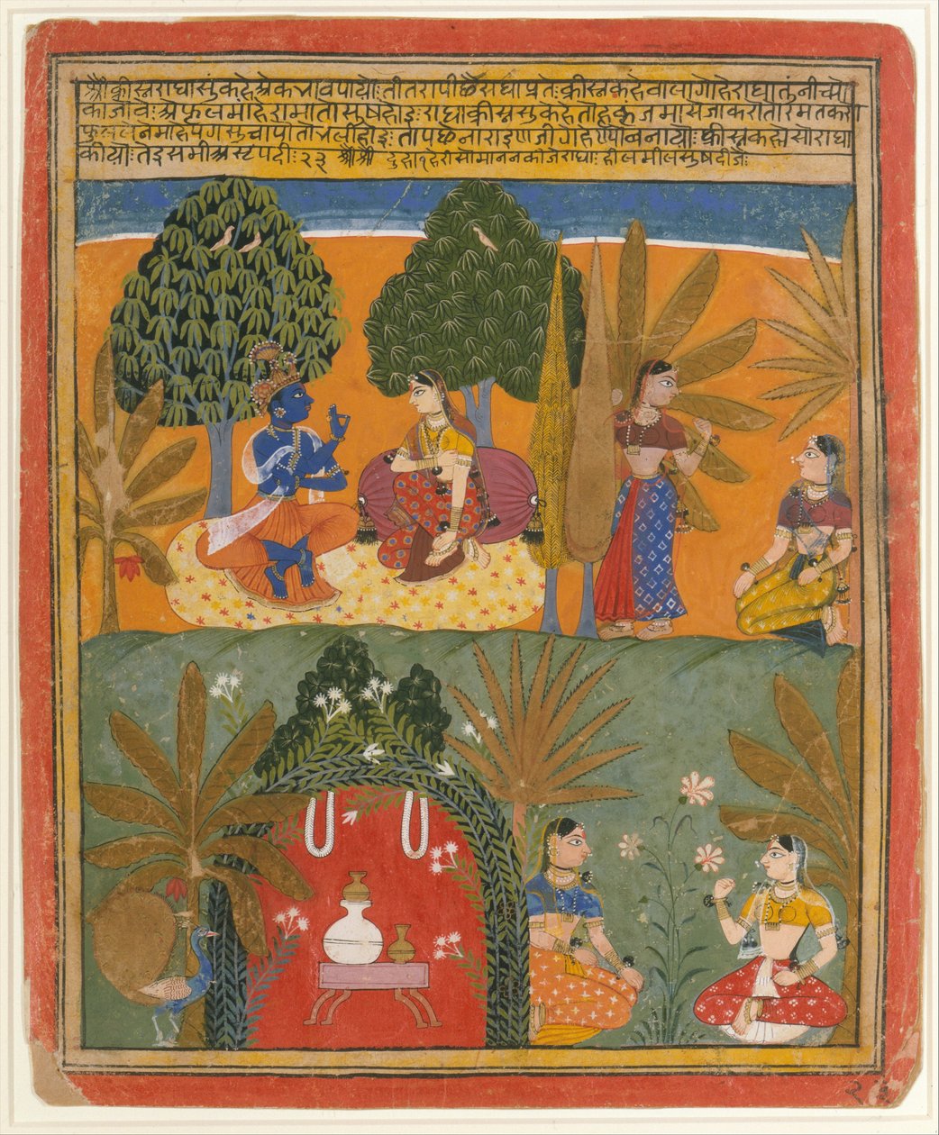 Krishna og Radha med deres fortrolige: Side fra en spredt Gita Govinda, ca. 1655-60. af Style of Manohar