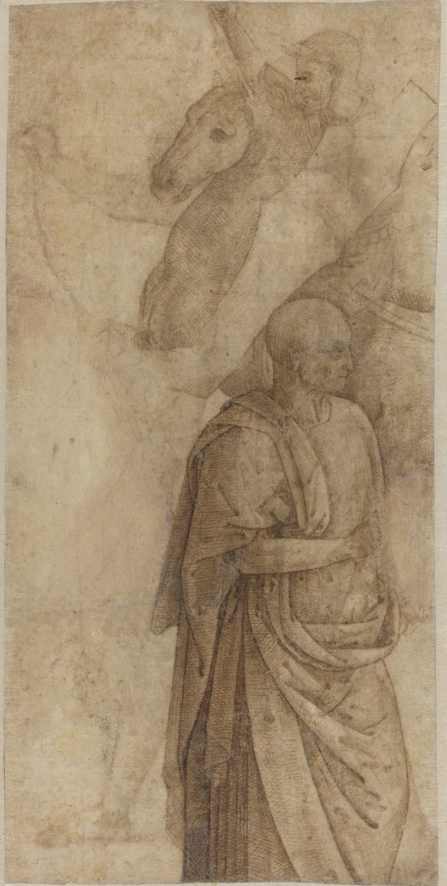 Rytter og stående draperet mand, efter det antikke [verso] af Style of Pietro Perugino