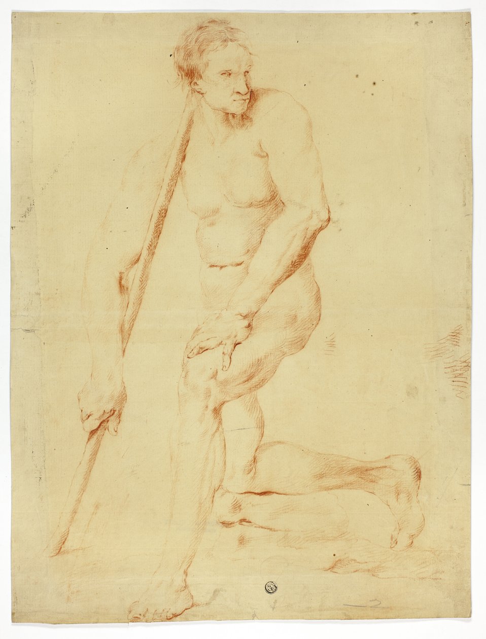 Akademisk mandlig nøgen, der læner sig op ad en stav af Style of Pompeo Girolamo Batoni