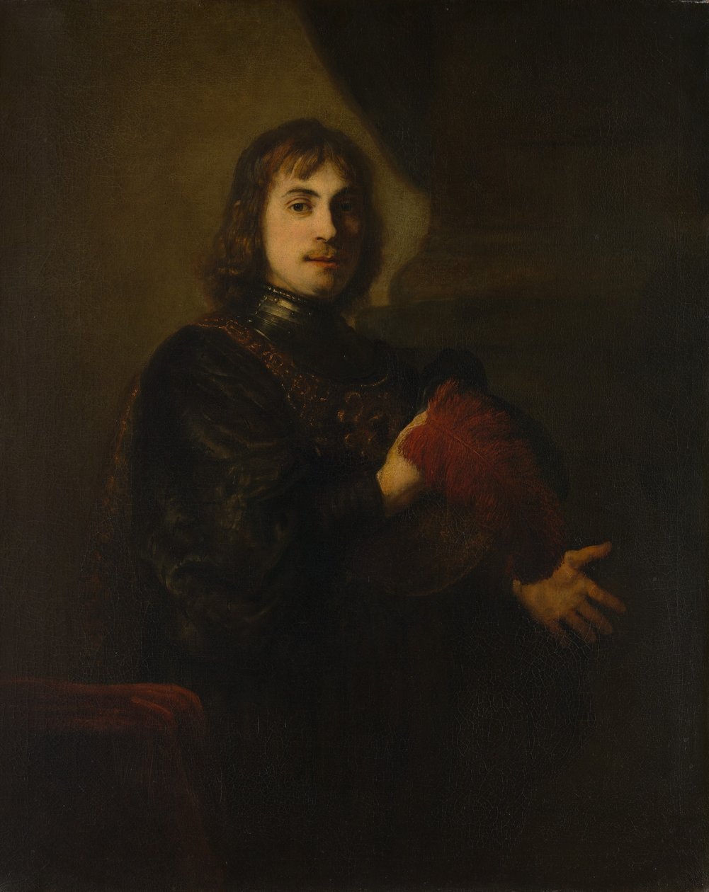 Portræt af en mand med brystskjold og plymerhat. af Style of Rembrandt