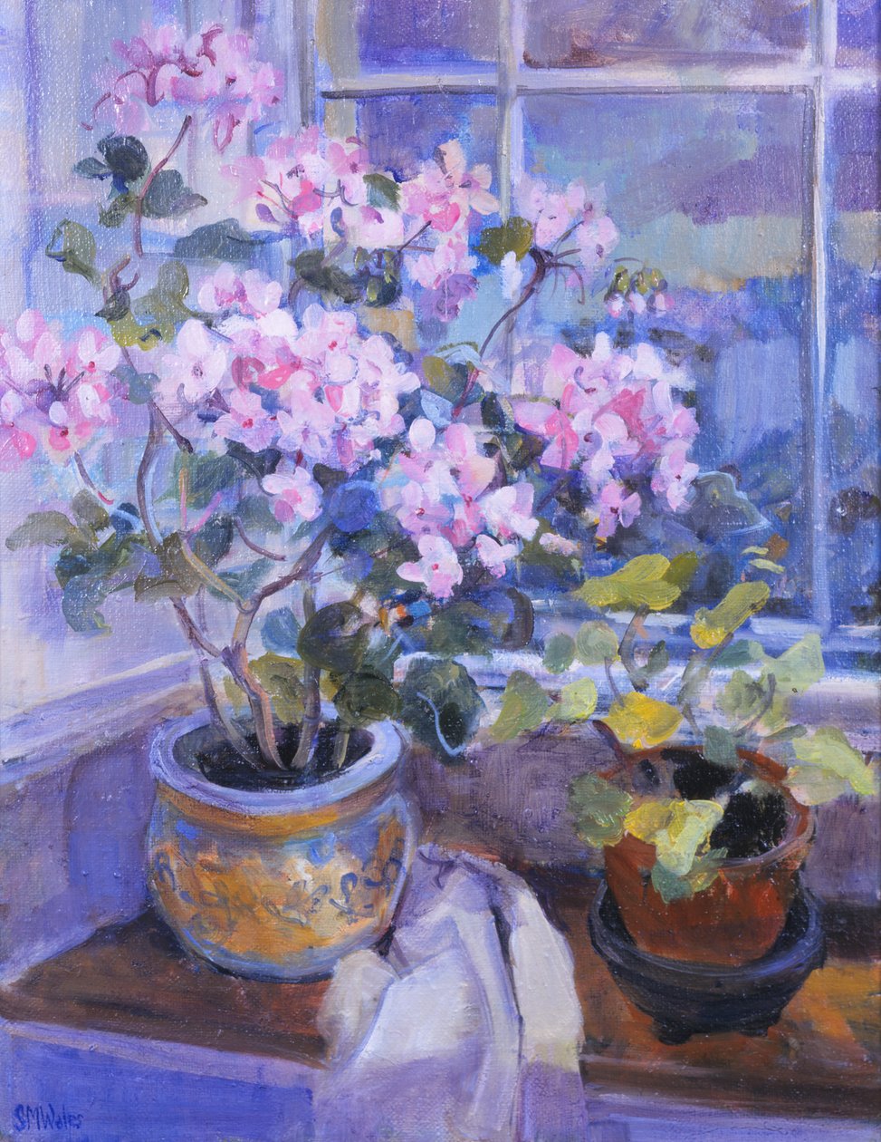 Pink geranium på vinduessæde, 1996, af Sue Wales