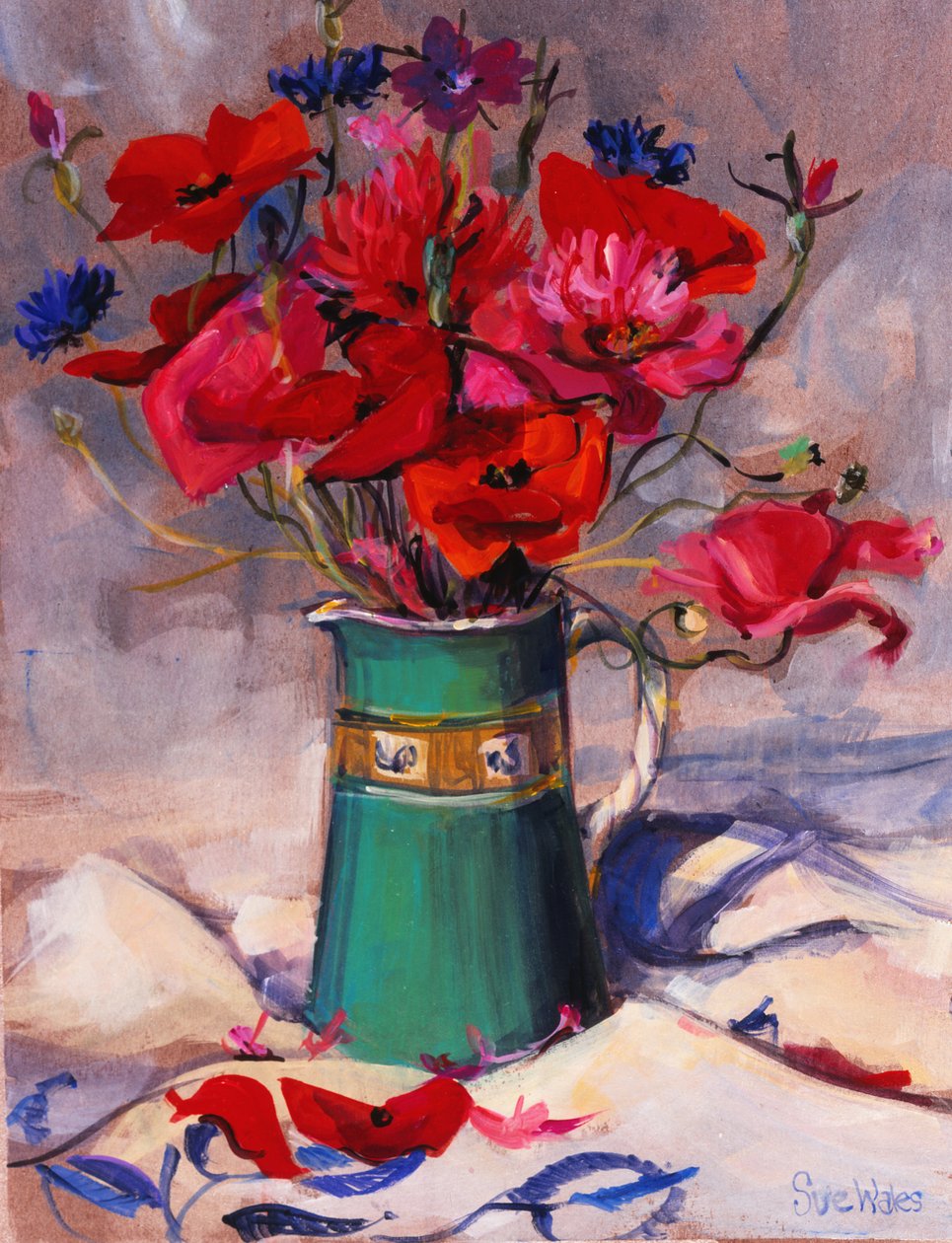 Valmuer og kornblomster i grøn kande, 1994, af Sue Wales