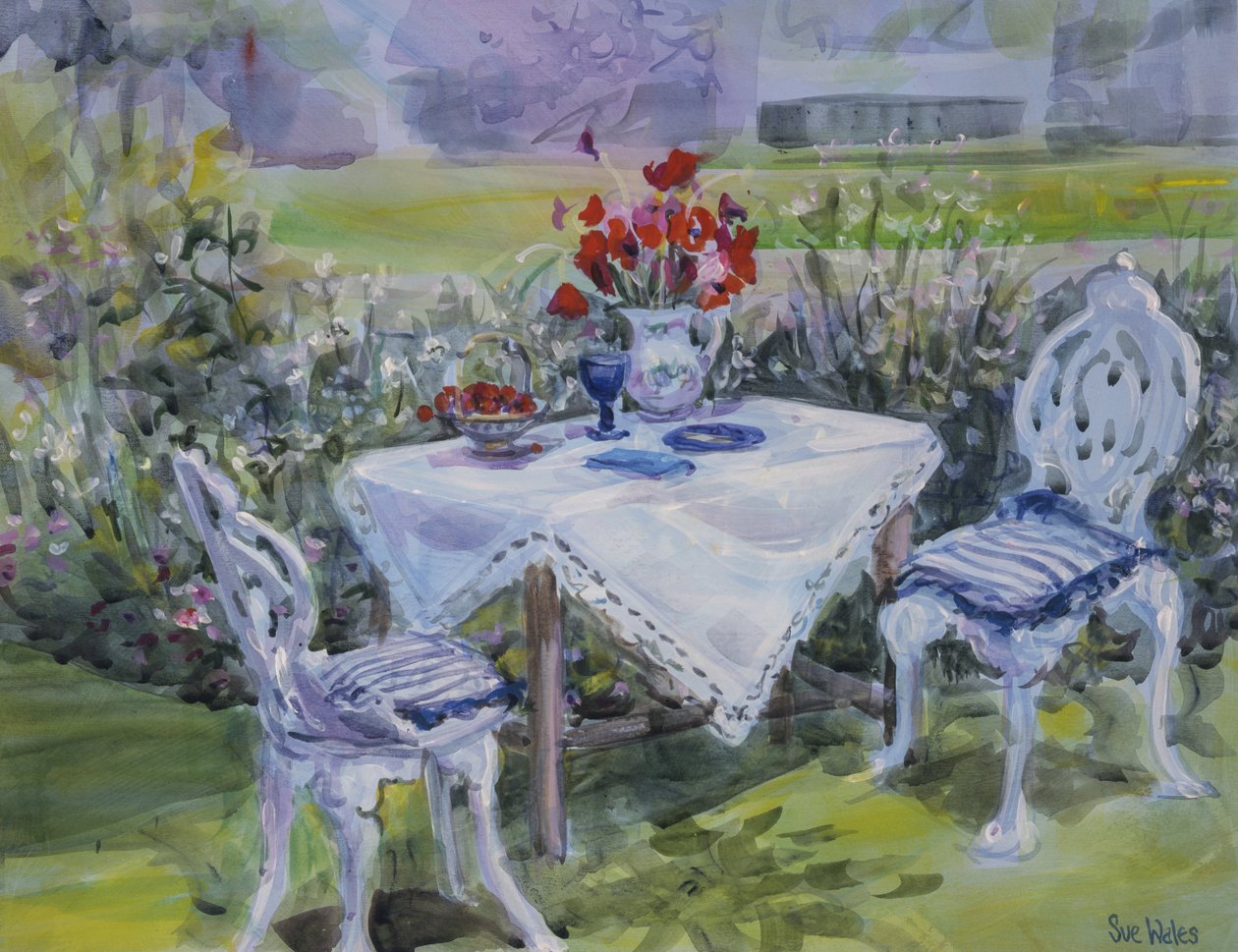 Valmuer og hvidt klæde, 1997, (gouache på kort) af Sue Wales