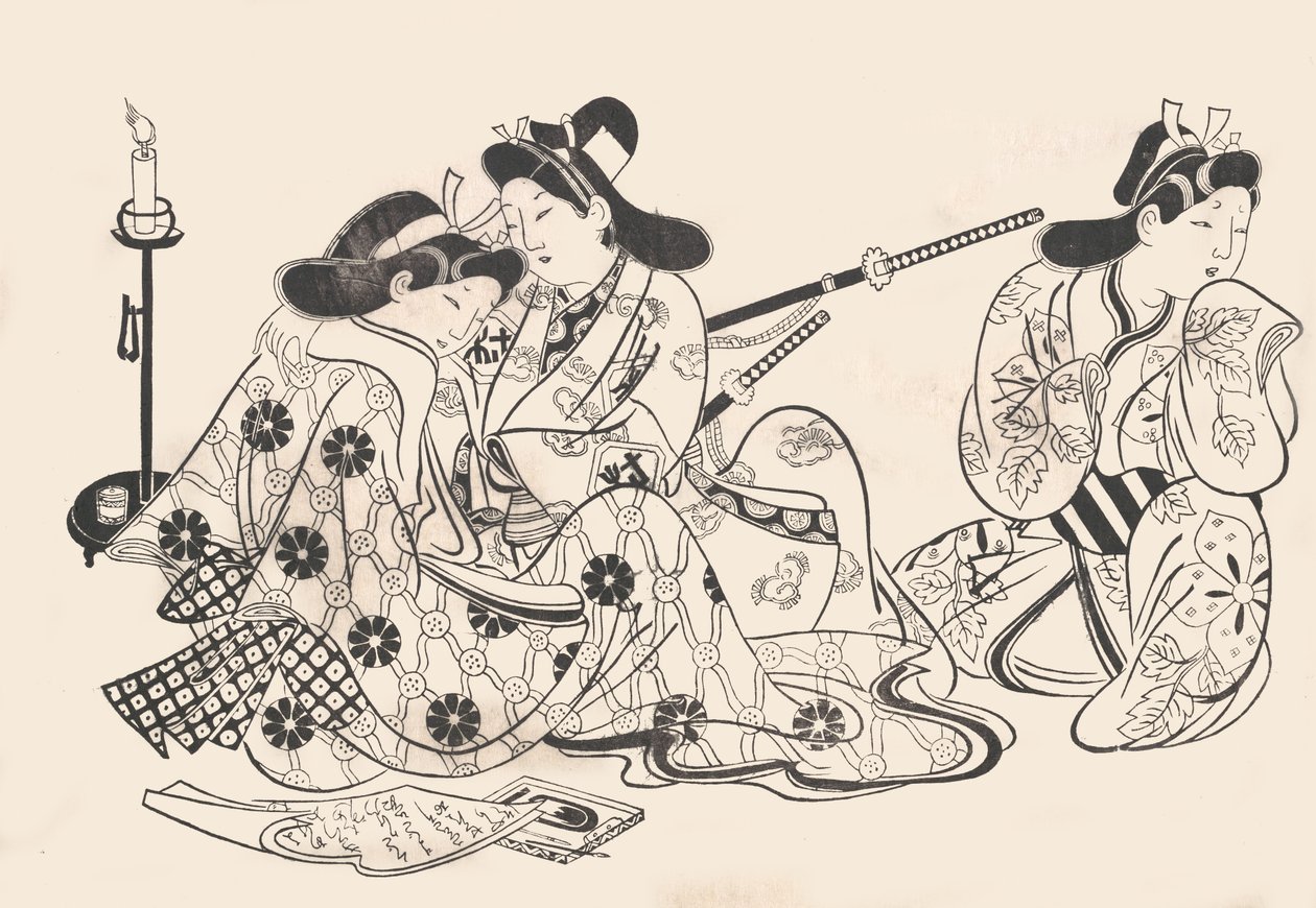Samurai og kurtisane sidder, en tjener ved siden af dem, ca. 1685., ca. 1685. af Sugimura Jihei