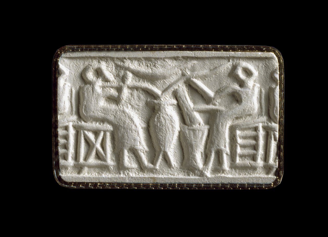 Cylinderforseglingsaftryk af to siddende figurer, der drikker gennem rør, Kish, Irak, sandsynligvis ca. 2500 f.Kr. (gipsaftryk) af Sumerian