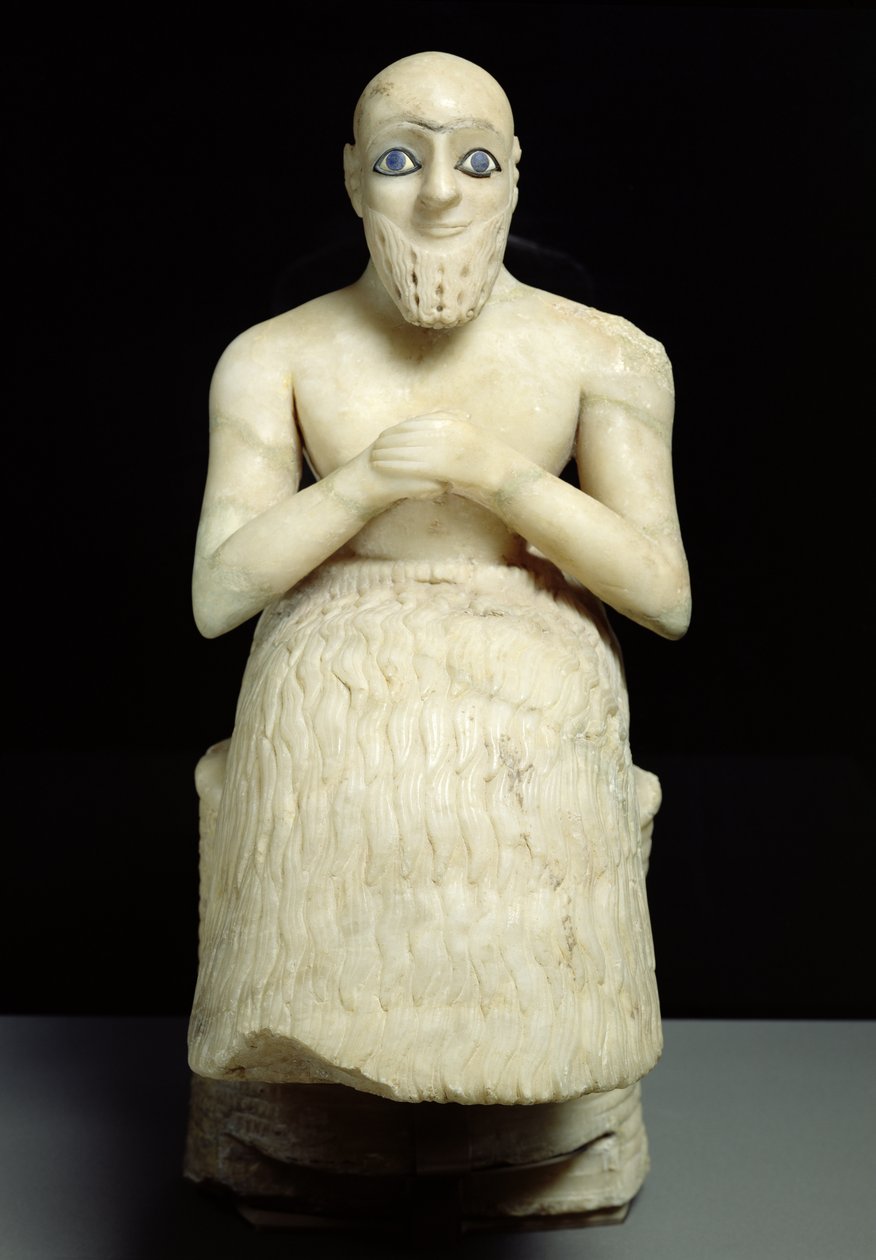 Statue af den officielle Ebih-Il, fra Ishtar-templet ved Mari, Irak, Mellem Eufrat, tidlig dynastisk periode, ca. 2500 f.Kr. (gips und lapis lazuli) (se også 121796) af Sumerian