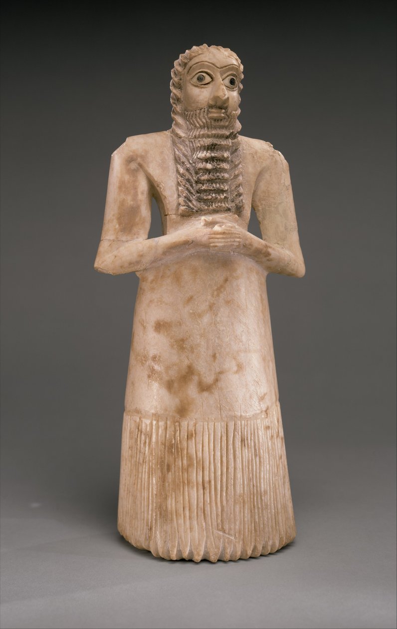 Stående mandlig tilbeder, tidlig dynastik, ca. 2900-2600 f.Kr. (gipsalabast, skal, sort kalksten, bitumen) af Sumerian