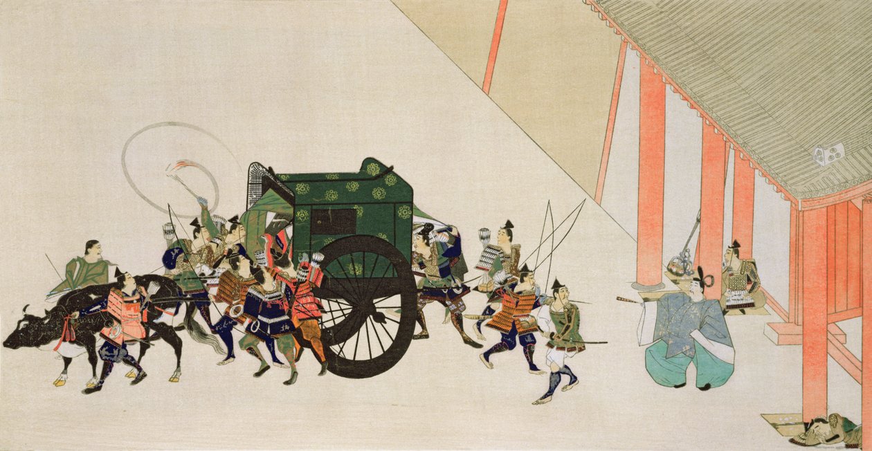 En kejser, der flygter fra et palads forklædt som en kvinde i vogn, scene fra en høvisk romantik fra Heian-perioden, trykt i magasinet 