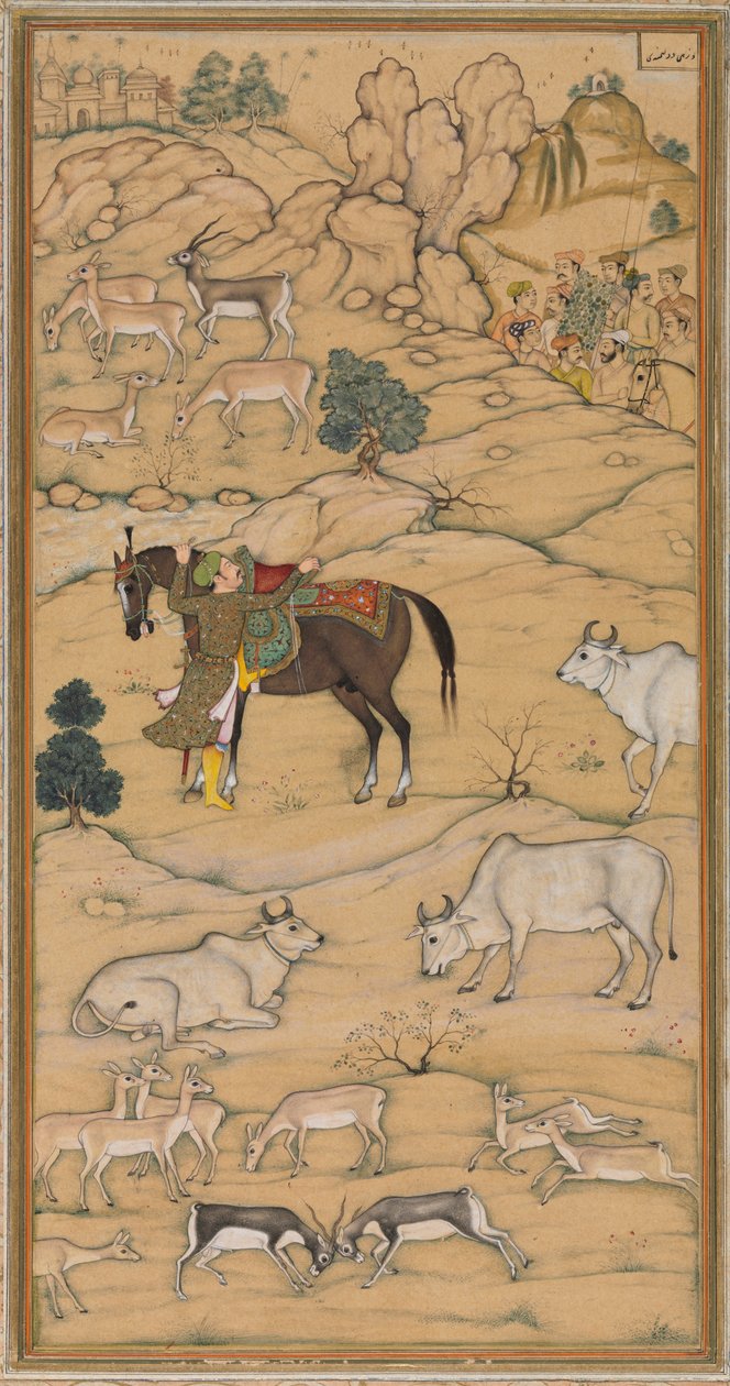 Akbar Mounting his Horse, side fra Chester Beatty Akbar Nama History of Akbar, 1605-07. af Sur Das Gujarati