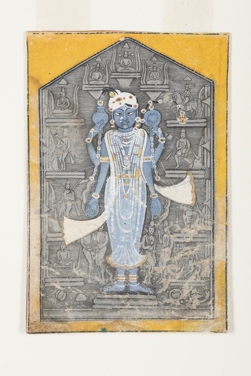 Et billede af Vishnu omgivet af basrelieffer af hans avatarer, ca. 1780 (ugennemsigtigt wc & guld på papir) af Surdhaj Nanag Ram