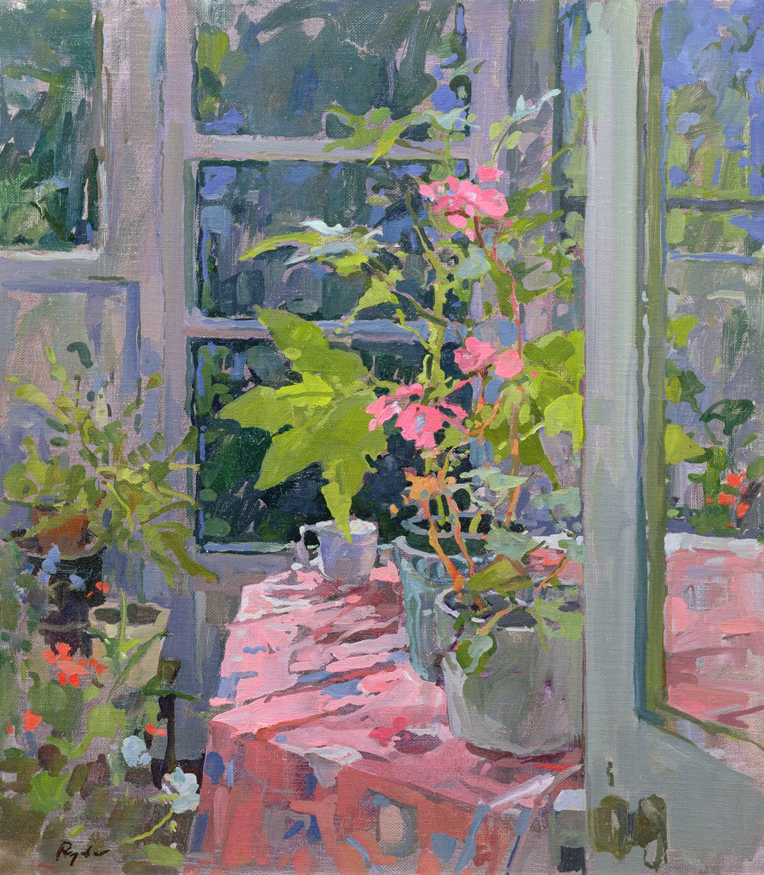 Pelargonier og lyserødt stof af Susan Ryder