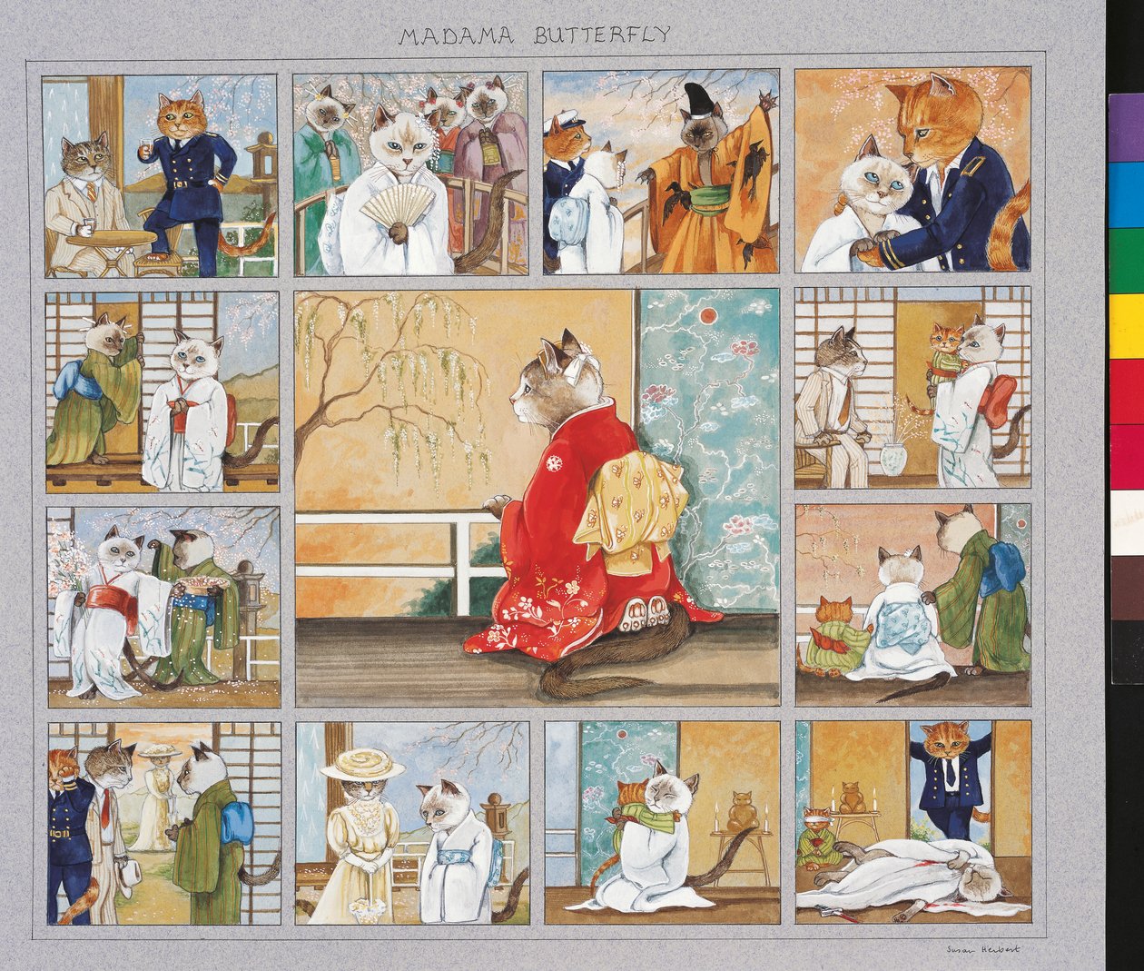Illustration fra Cats Galore! Et kompendium over kultiverede katte (udg. 2015) af Susan Herbert