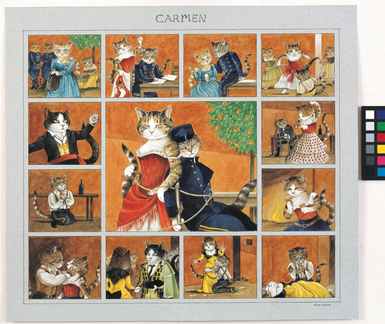 Illustration fra Cats Galore! Et kompendium over kultiverede katte (udg. 2015) af Susan Herbert