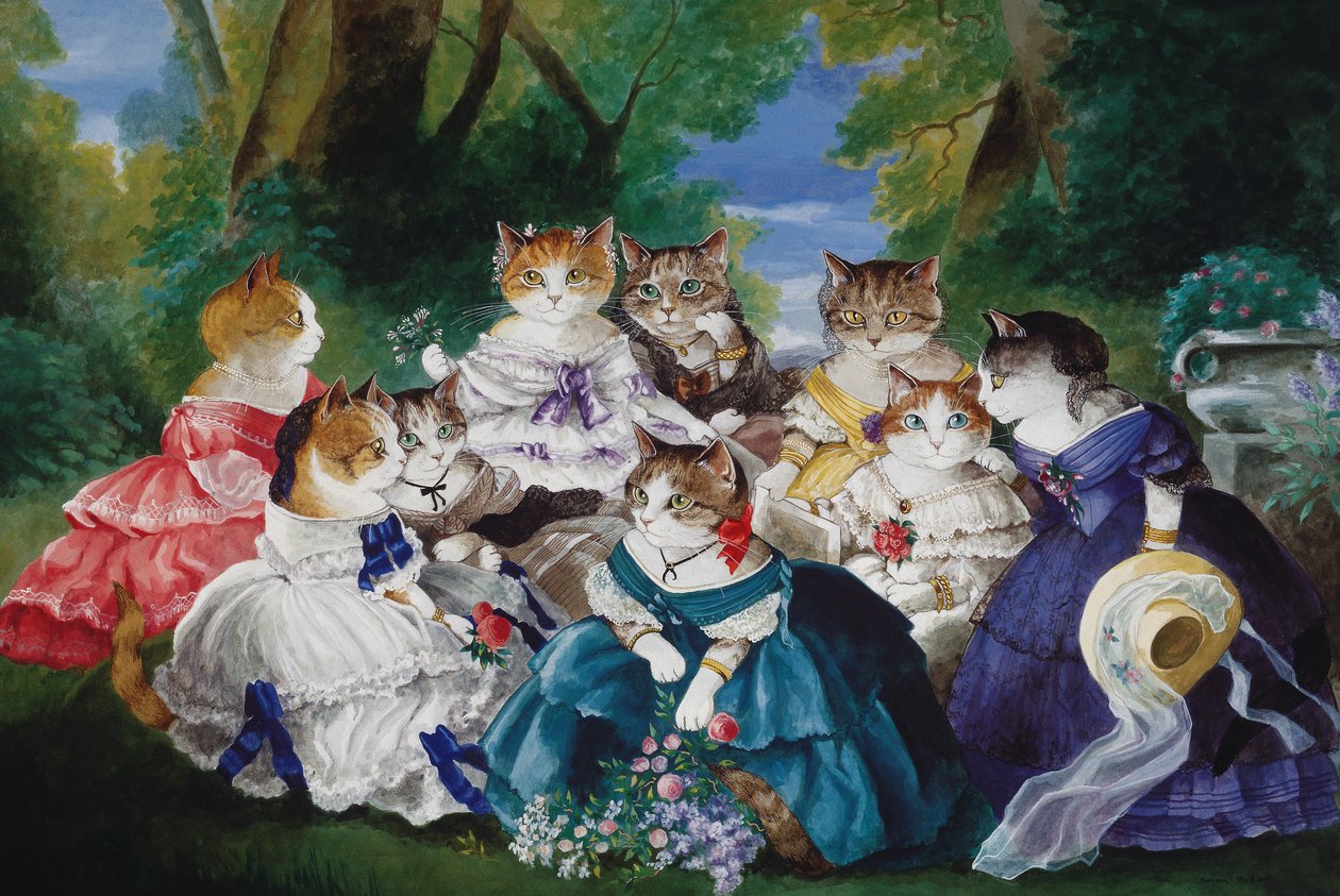 Illustration fra Cats Galore! Et kompendium over kultiverede katte (udg. 2015) af Susan Herbert