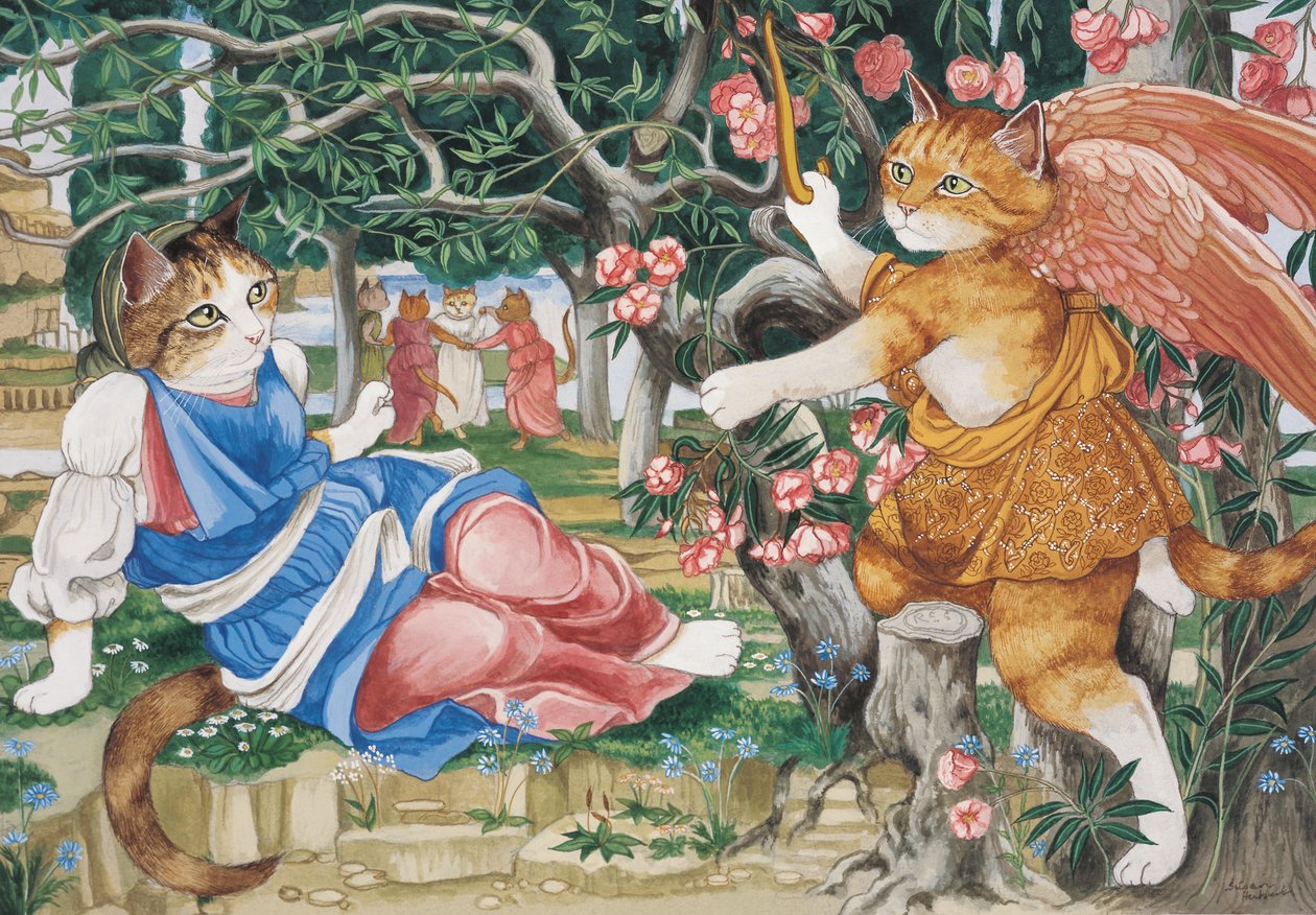 Illustration fra Cats Galore! Et kompendium over kultiverede katte (udg. 2015) af Susan Herbert